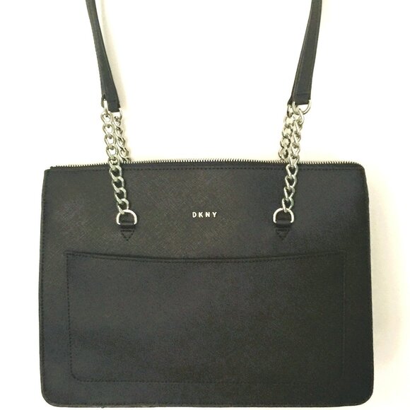 DKNY BLACK SHOULDER BAG WITH SILVER CHAIN STRAP - Picture 1 of 4
